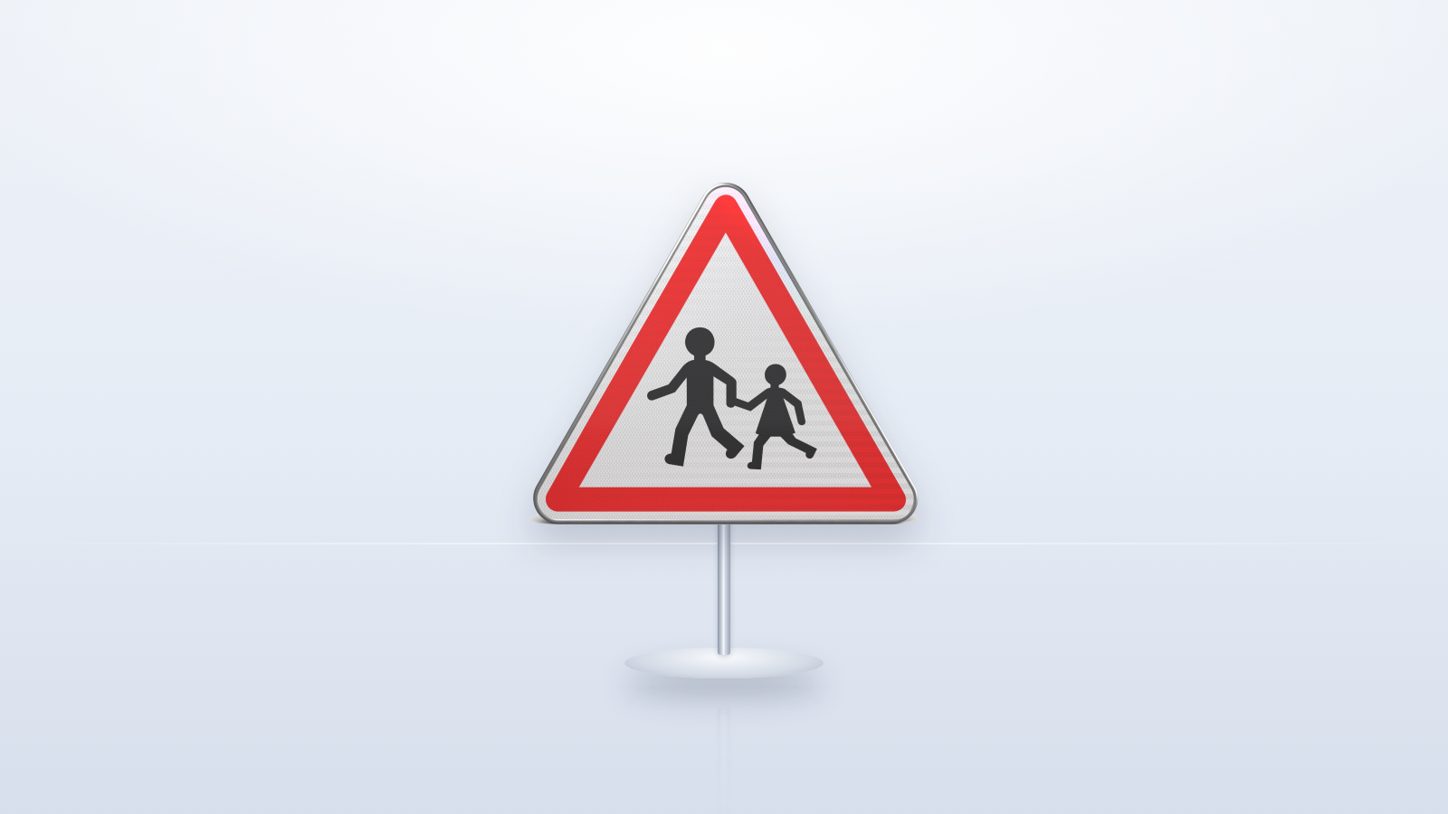 Panneau de danger présence d'enfants sur présentoir, contexte abords d'école et classe 2