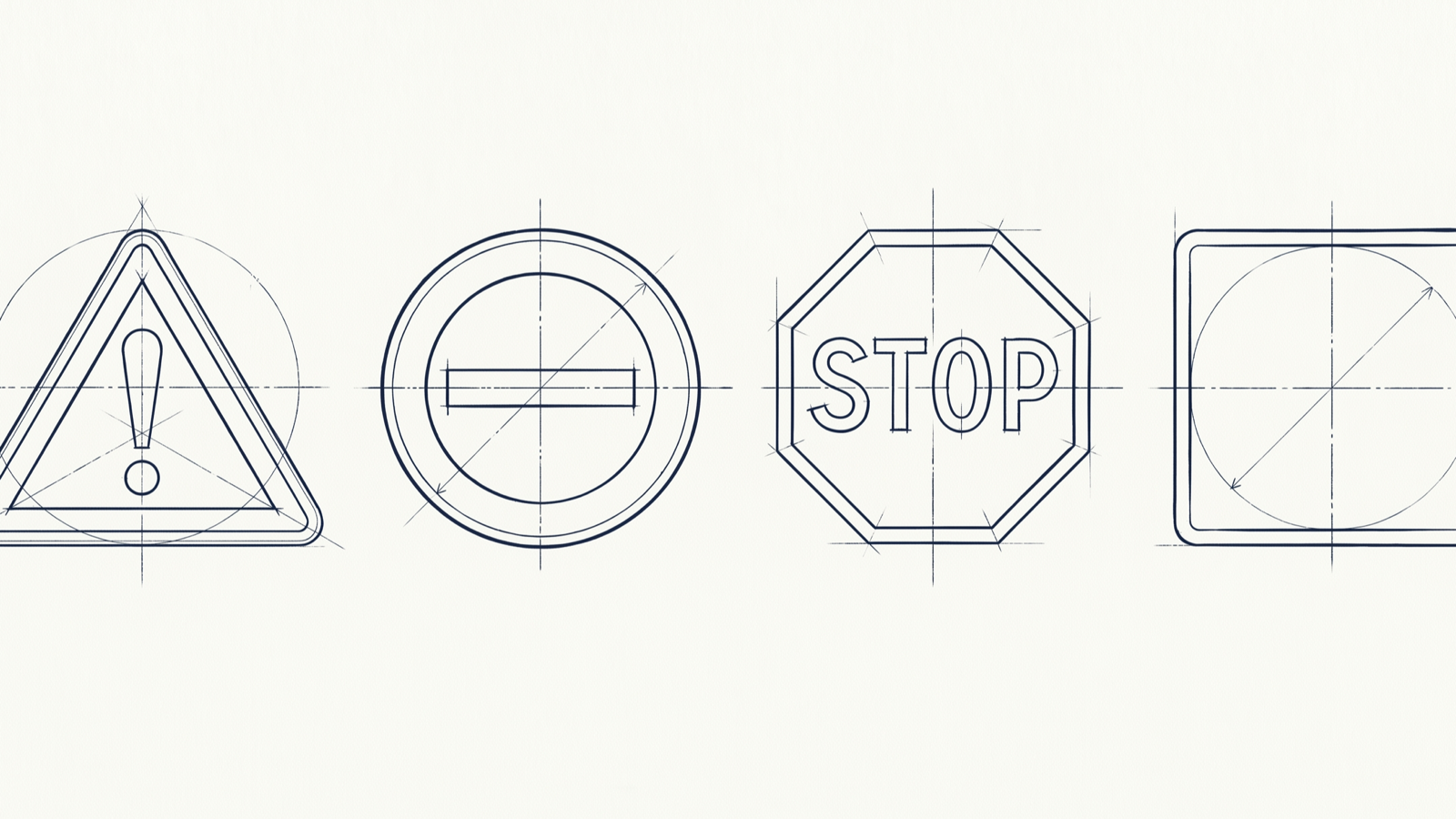 Planche au trait des familles de panneaux de signalisation routière, style plan technique