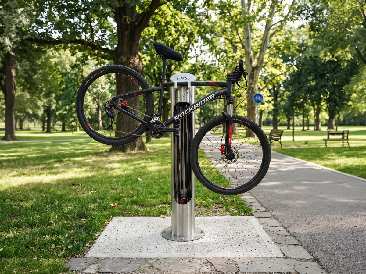 Cyclo Station installée dans un parc, vélo en réparation