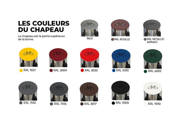 Couleurs disponibles pour le chapeau de la Cyclo Station : inox et RAL