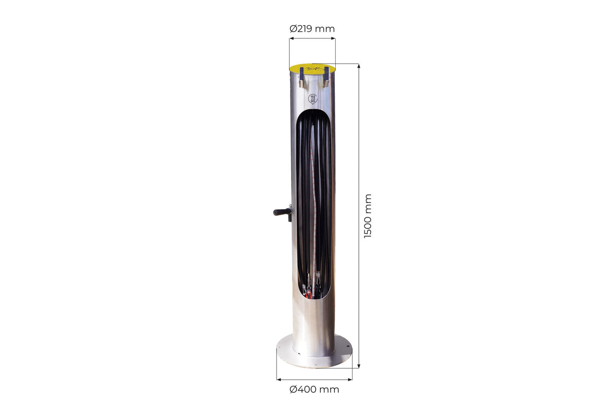 Dimensions de la Cyclo Station : Ø 219 mm, hauteur 1 500 mm, platine Ø 400 mm