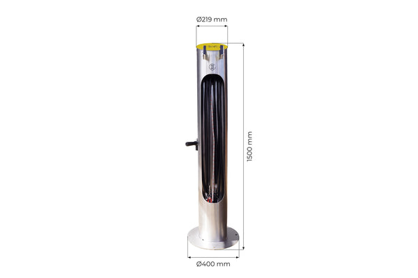 Dimensions de la Cyclo Station : Ø 219 mm, hauteur 1 500 mm, platine Ø 400 mm