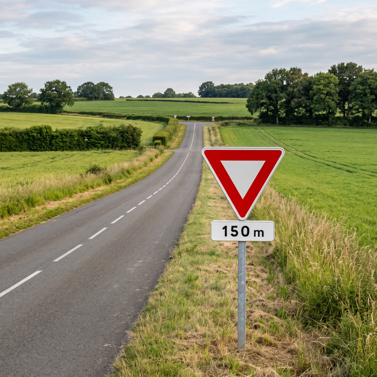 Panneau AB3b — mise en situation sur route (mise en situation générée par IA)