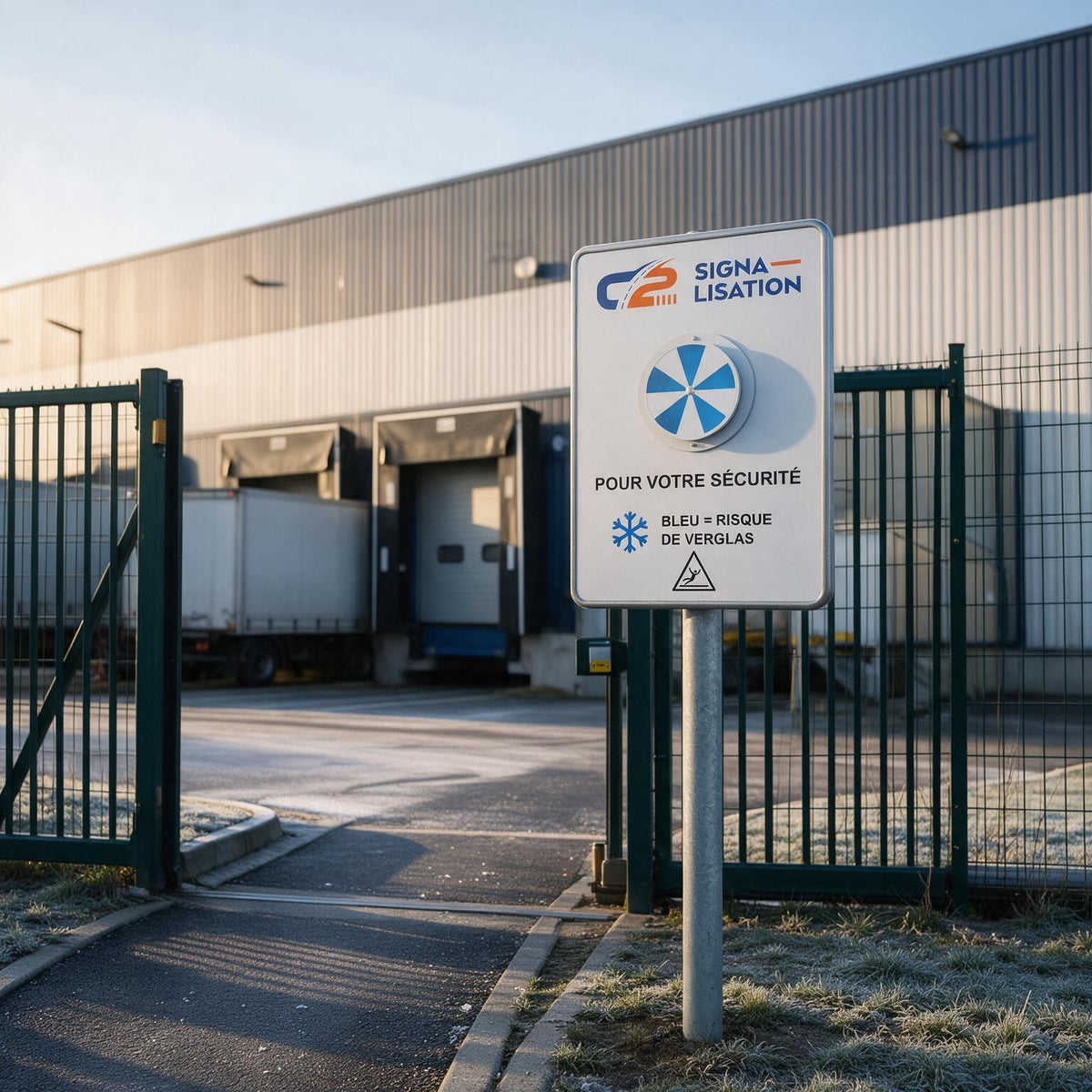 Panneau Alerte Gel à l'entrée piétonne d'une plateforme logistique