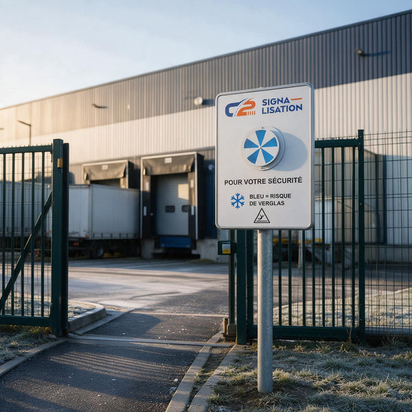 Panneau Alerte Gel à l'entrée piétonne d'une plateforme logistique