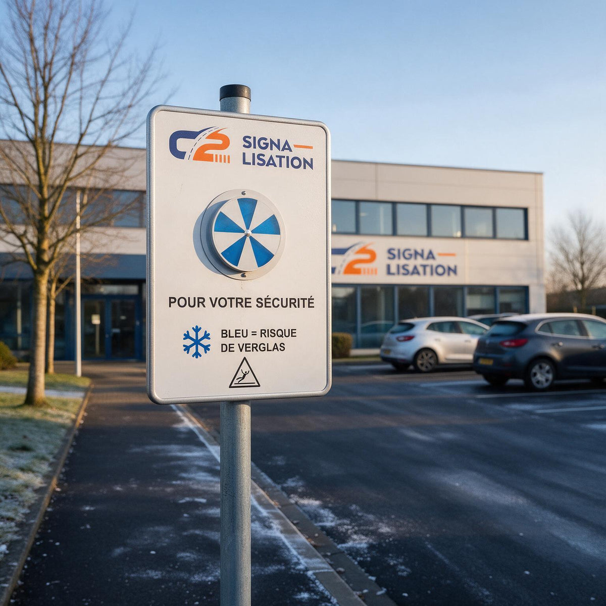 Panneau Alerte Gel sur un parking d'entreprise en hiver