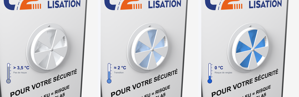 Les 3 états du module thermosensible : > 3,5 °C, ≈ 2 °C, 0 °C (risque de verglas)