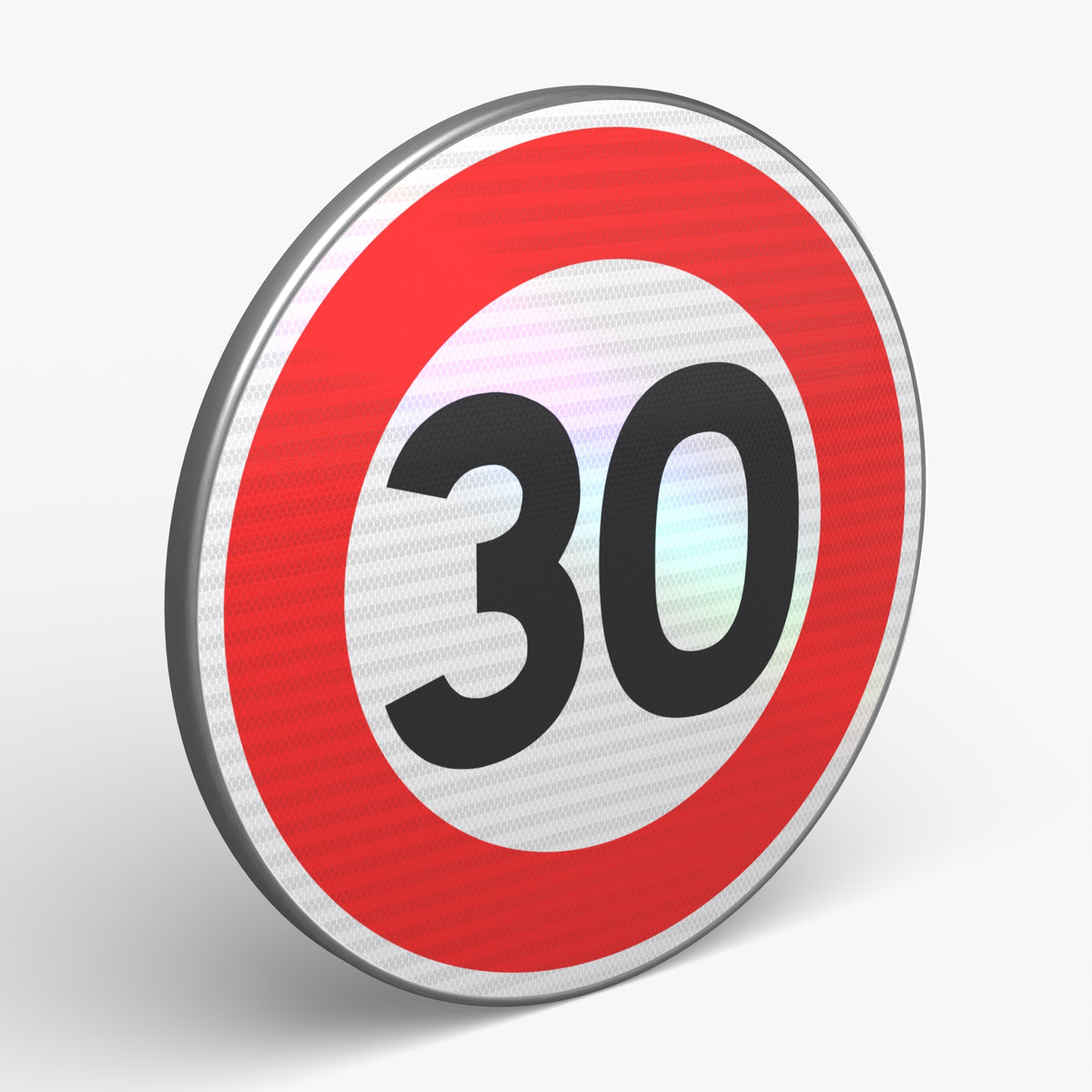 Panneau B14 limitation de vitesse 30 km/h, vue 3/4 face, aluminium classe 2