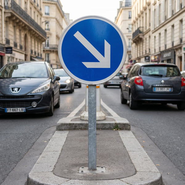 Panneau B21a1 — contournement obligatoire par la droite, mise en situation sur voirie