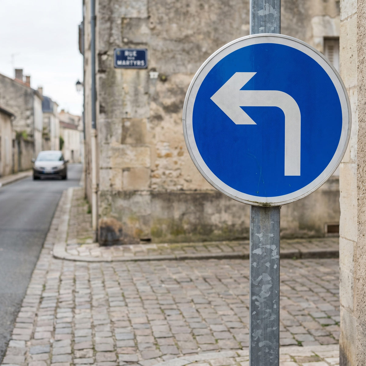 Panneau B21c2 — direction obligatoire à gauche, mise en situation sur voirie