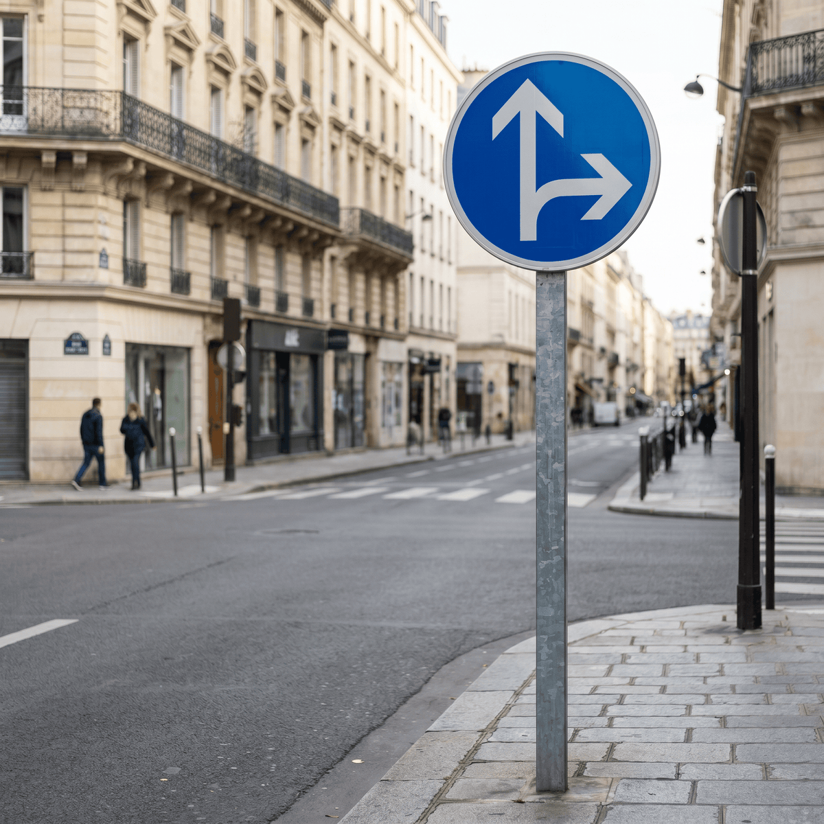 Panneau B21d1 — direction obligatoire tout droit ou à droite, mise en situation sur voirie