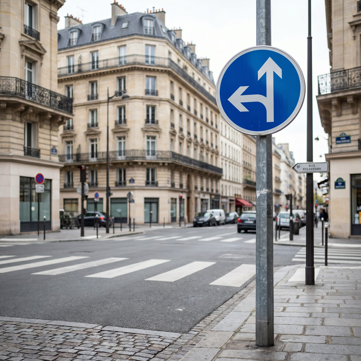 Panneau B21d2 — direction obligatoire tout droit ou à gauche, mise en situation sur voirie