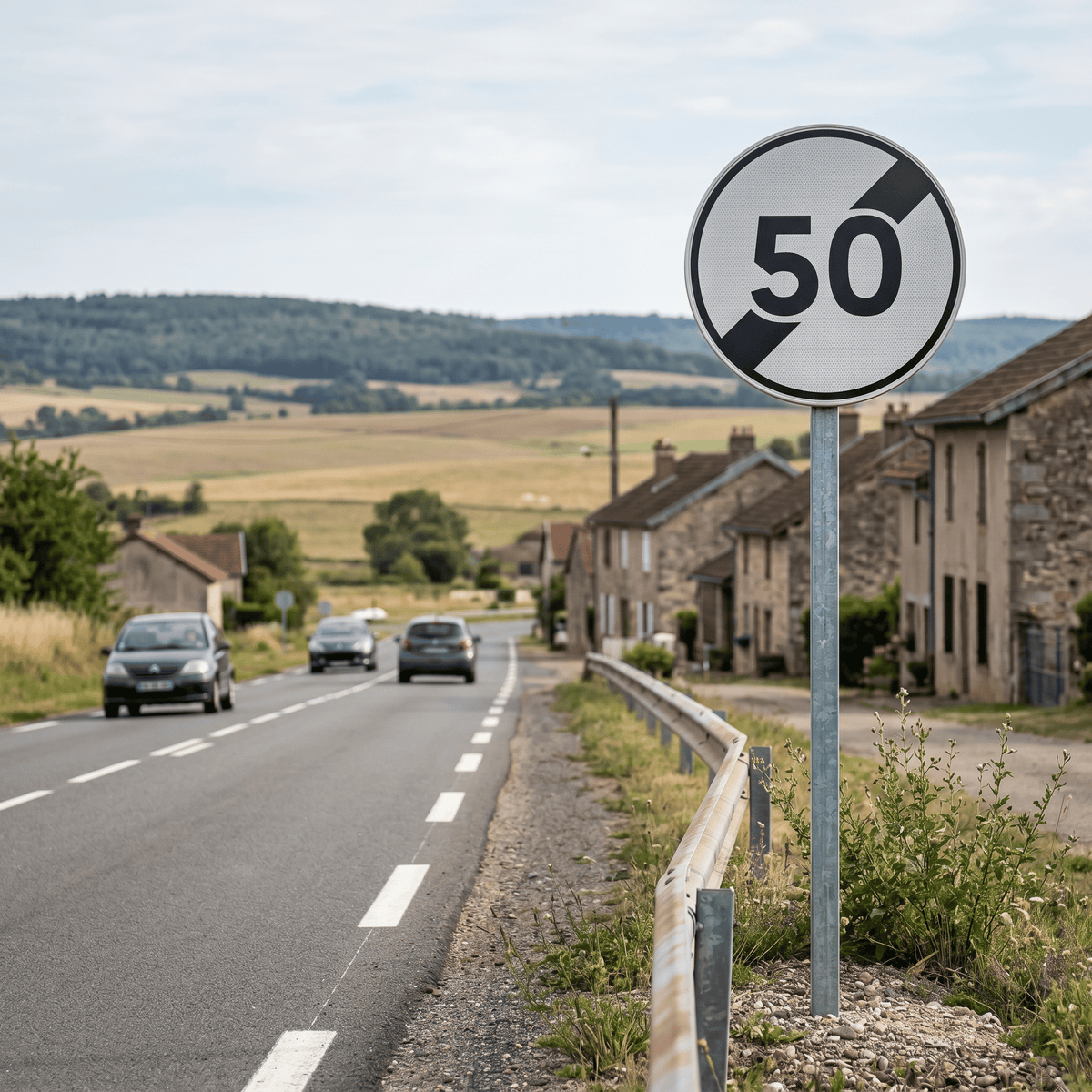 Panneau B33 fin de limitation 50 km/h, mise en situation