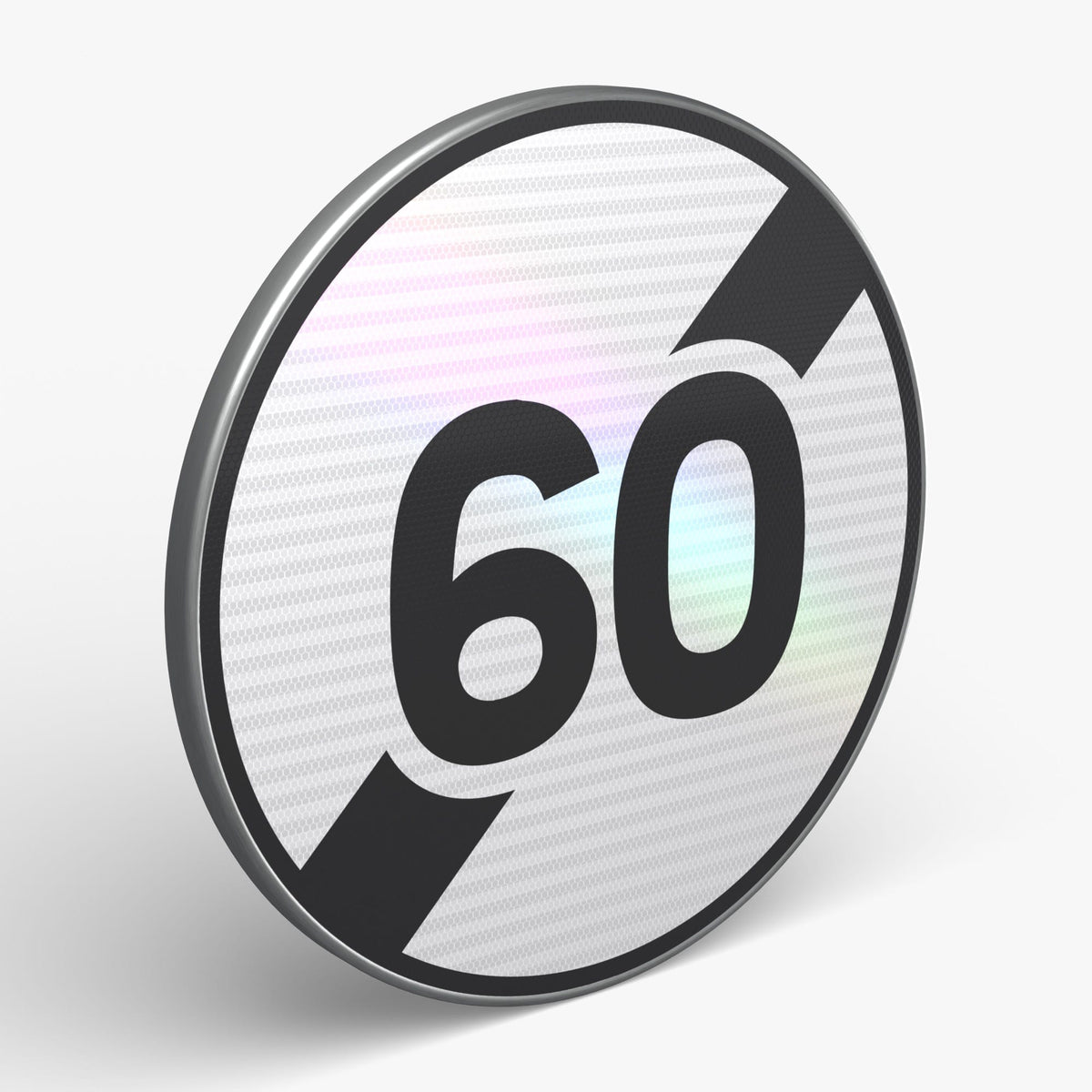 Panneau B33 fin de limitation 60 km/h, vue 3/4 face