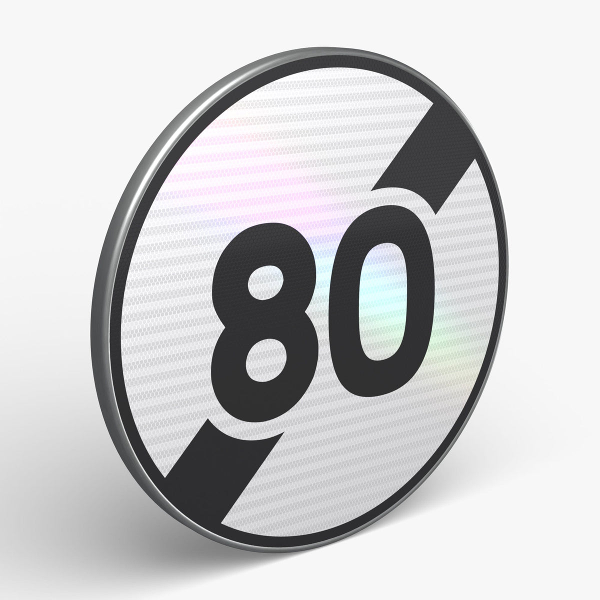 Panneau B33 fin de limitation 80 km/h, vue 3/4 face