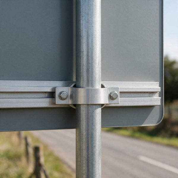 Collier Ø60 serré sur le mât, boulonné au rail du panneau