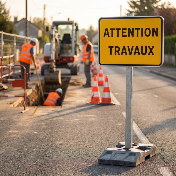 Panneau KC1 ATTENTION TRAVAUX — mise en situation sur chantier