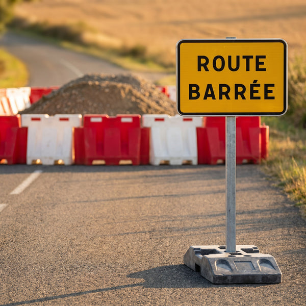 Panneau KC1 ROUTE BARRÉE — mise en situation sur chantier