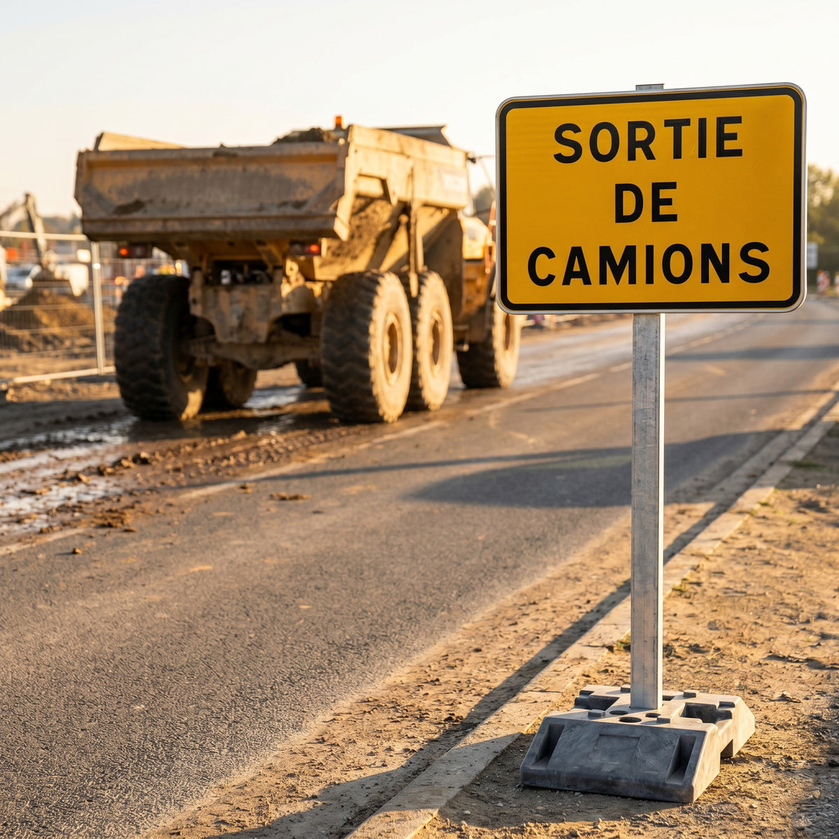 Panneau KC1 SORTIE DE CAMIONS — mise en situation sur chantier