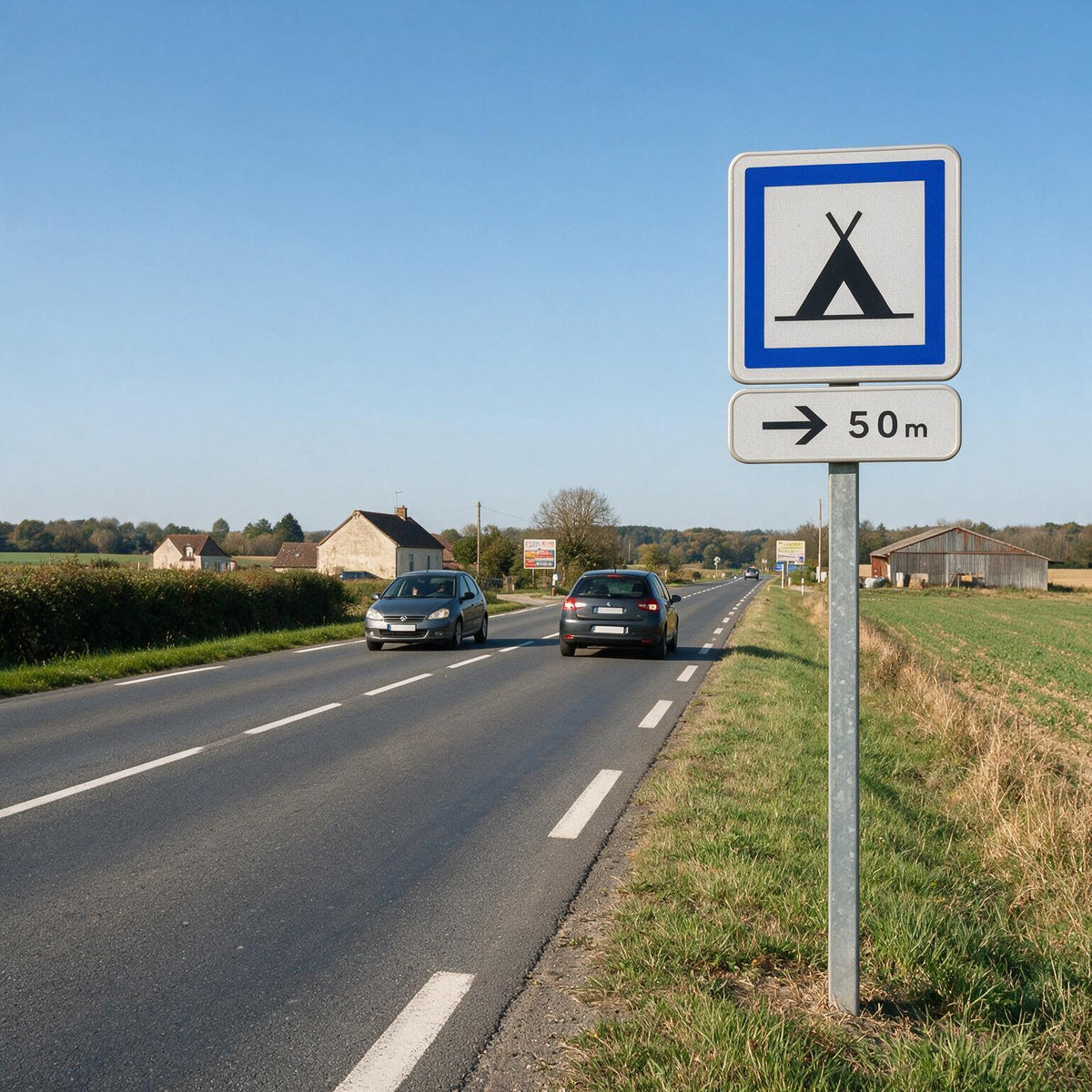 Panonceau routier direction et distance vers la droite M3b3 — mise en situation