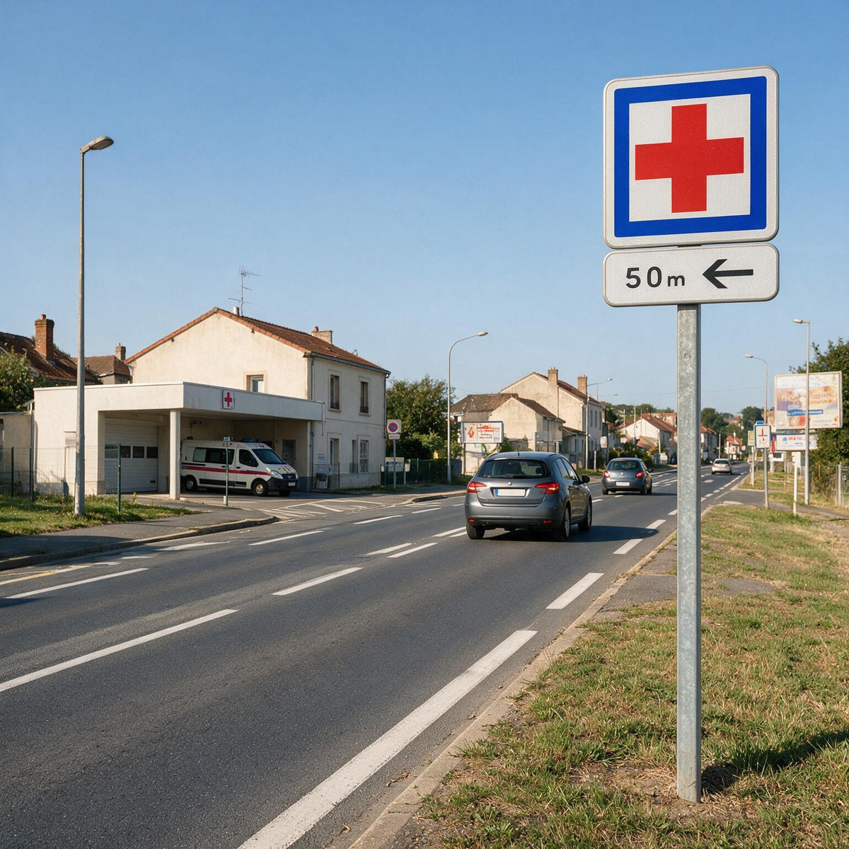 Panonceau routier direction et distance vers la gauche M3b4 — mise en situation