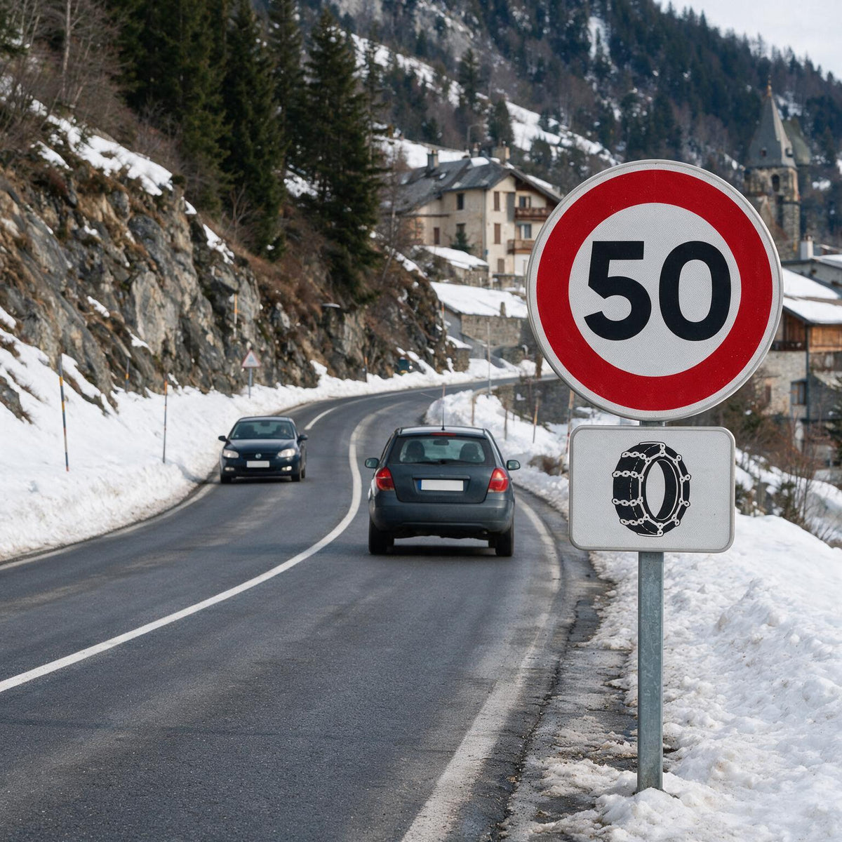Panonceau routier véhicules équipés de chaînes à neige M4j — mise en situation