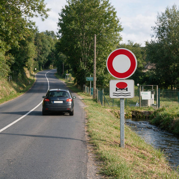 Panonceau routier transport de marchandises polluant les eaux M4l — mise en situation