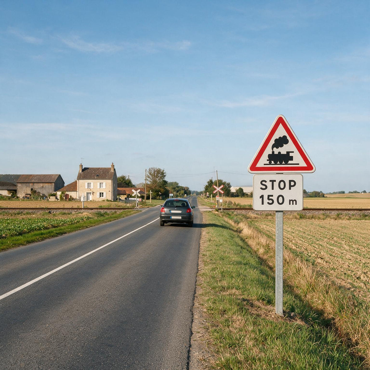 Panonceau routier STOP à distance (variante a) M5a — mise en situation