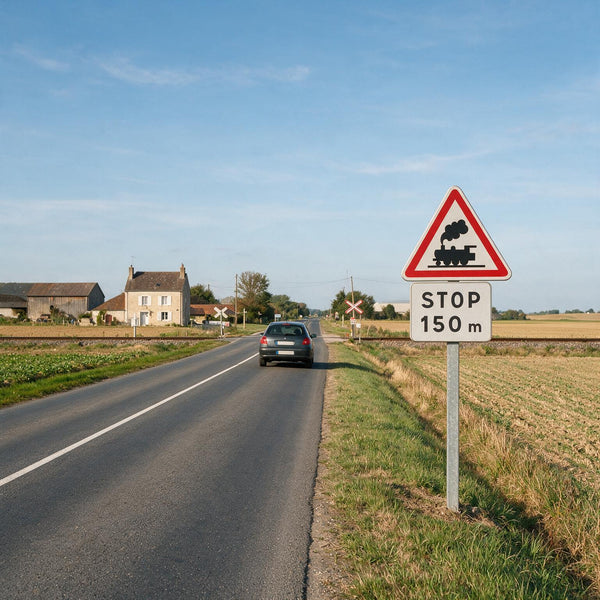 Panonceau routier STOP à distance (variante a) M5a — mise en situation
