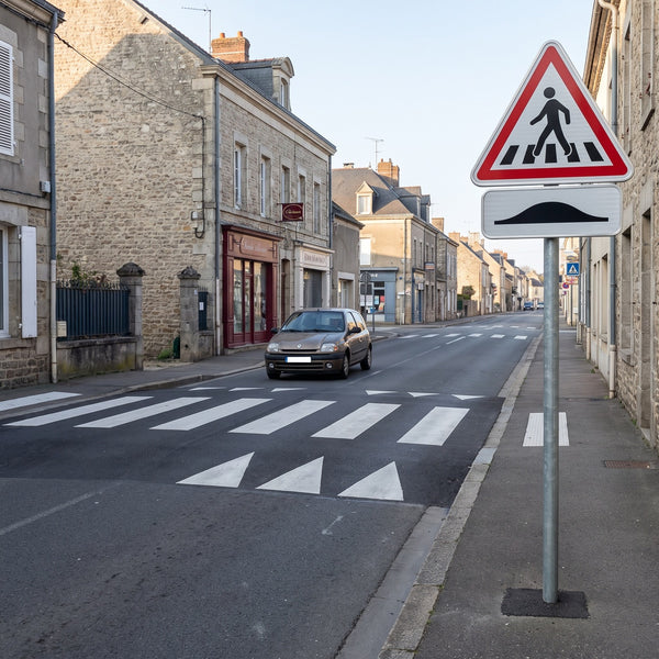 Panonceau routier passage piétons surélevé M9d — mise en situation