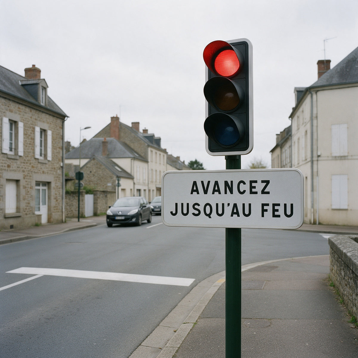 Panonceau routier AVANCEZ JUSQU'AU FEU M9z deux lignes sous un feu tricolore dans une rue de bourg (mise en situation générée par IA)