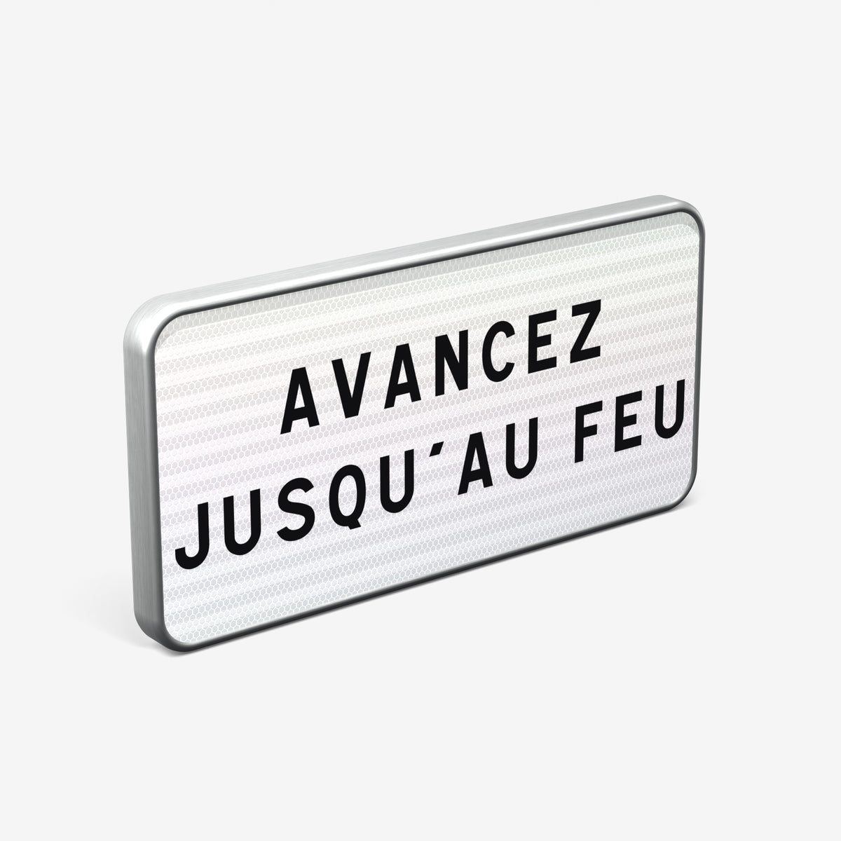 Panonceau routier AVANCEZ JUSQU'AU FEU M9z deux lignes 700×350 mm, vue trois quarts