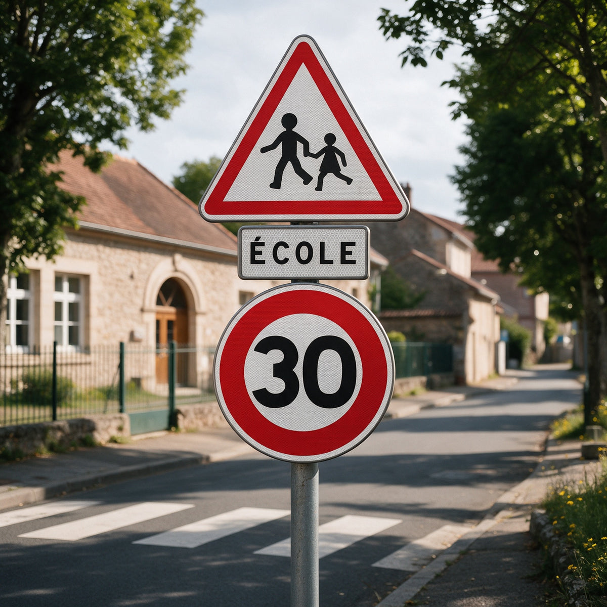 Pack Zone École installé : panneau A13a, panonceau ÉCOLE et panneau 30 km/h sur mât, devant une école