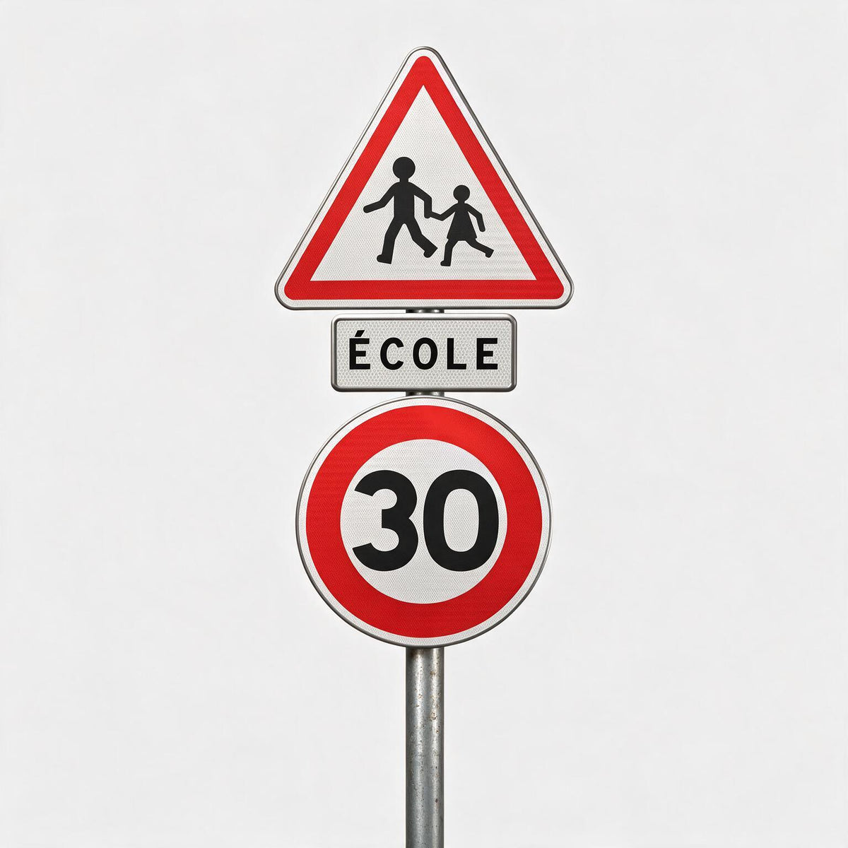 Pack Zone École — A13a + panonceau ÉCOLE + B14 30 sur mât (visuel d'illustration)