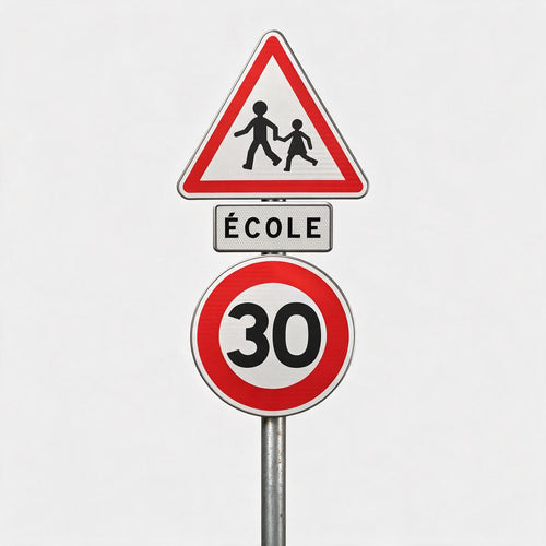 Pack Zone École — A13a + panonceau ÉCOLE + B14 30 sur mât (visuel d'illustration)