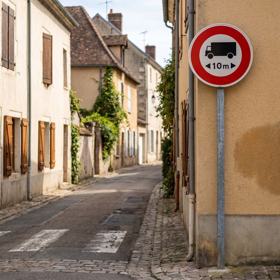 Panneau B10A — Accès interdit aux véhicules dont la longueur dépasse la valeur indiquée — mise en situation sur voirie