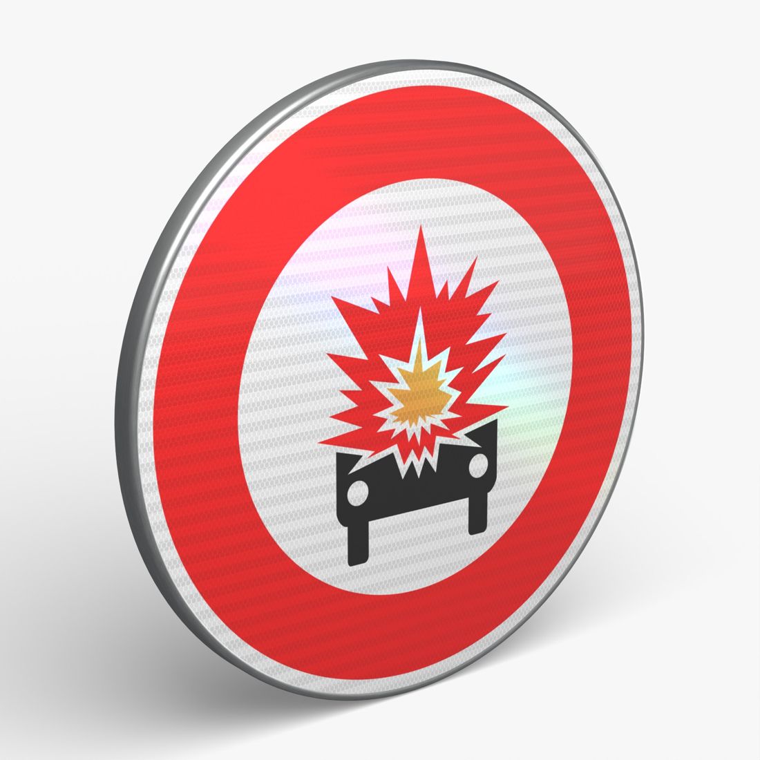Panneau B18A — Accès interdit aux véhicules transportant des matières explosives ou inflammables — vue 3/4 face