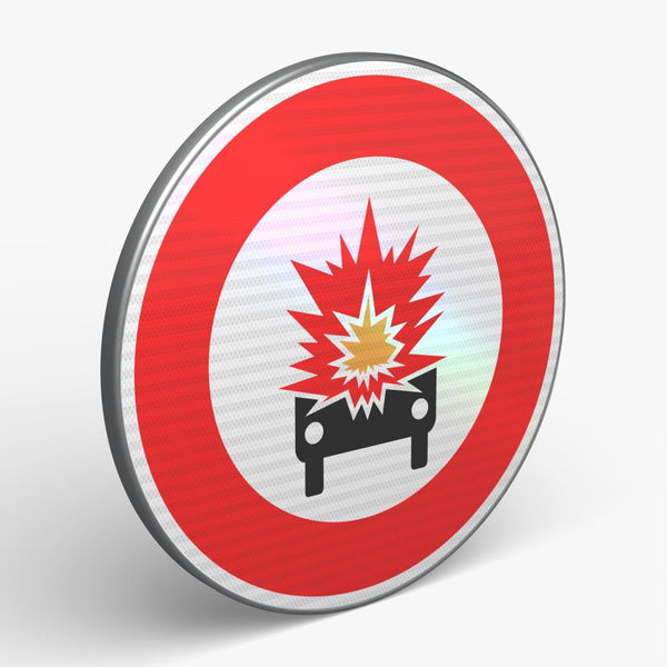 Panneau B18A — Accès interdit aux véhicules transportant des matières explosives ou inflammables — vue 3/4 face