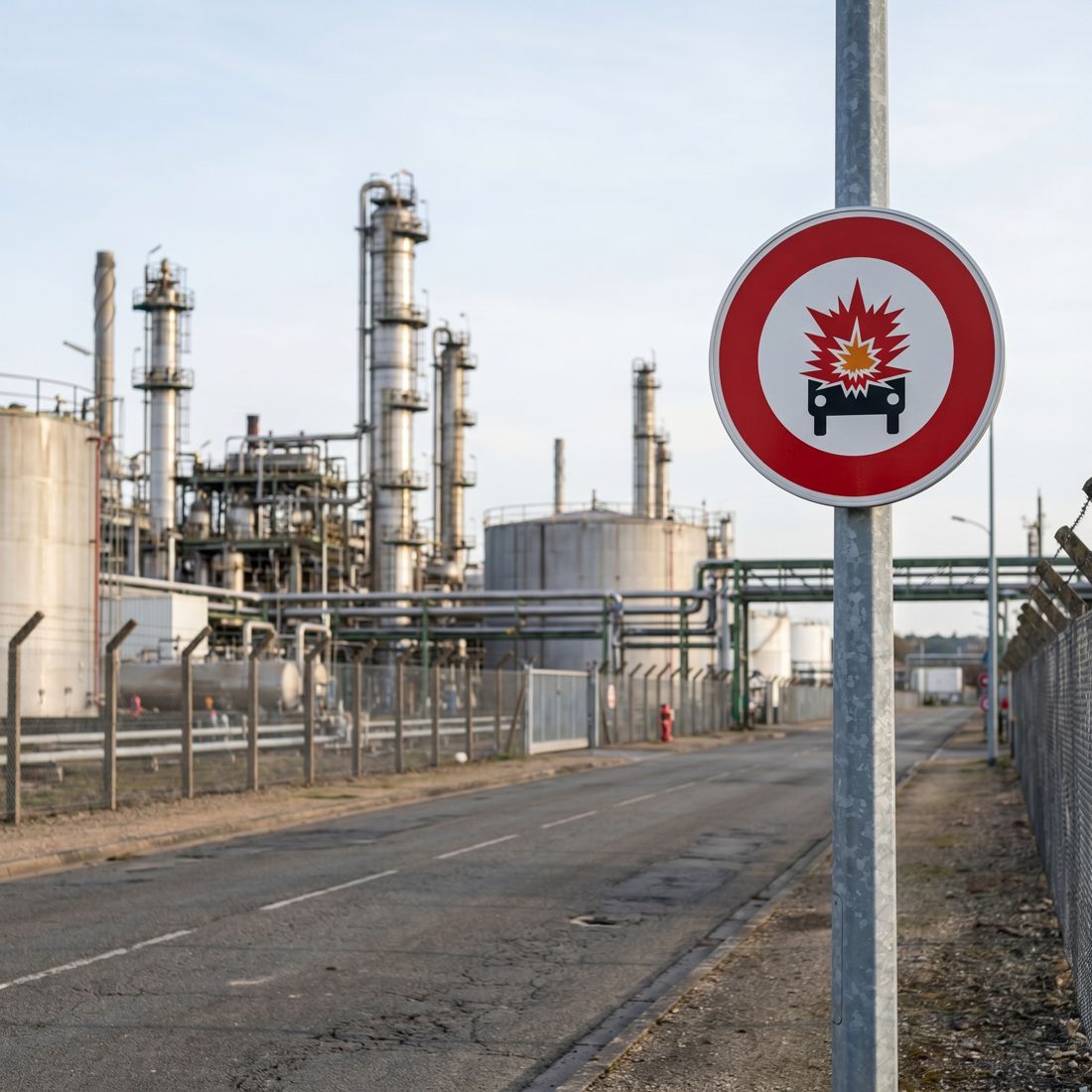 Panneau B18A — Accès interdit aux véhicules transportant des matières explosives ou inflammables — mise en situation sur voirie