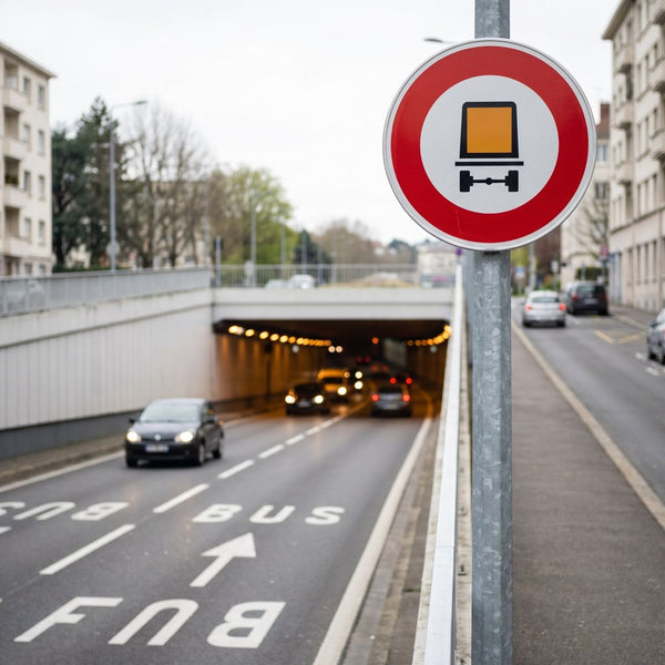 Panneau B18C — Accès interdit aux véhicules transportant des marchandises dangereuses — mise en situation sur voirie