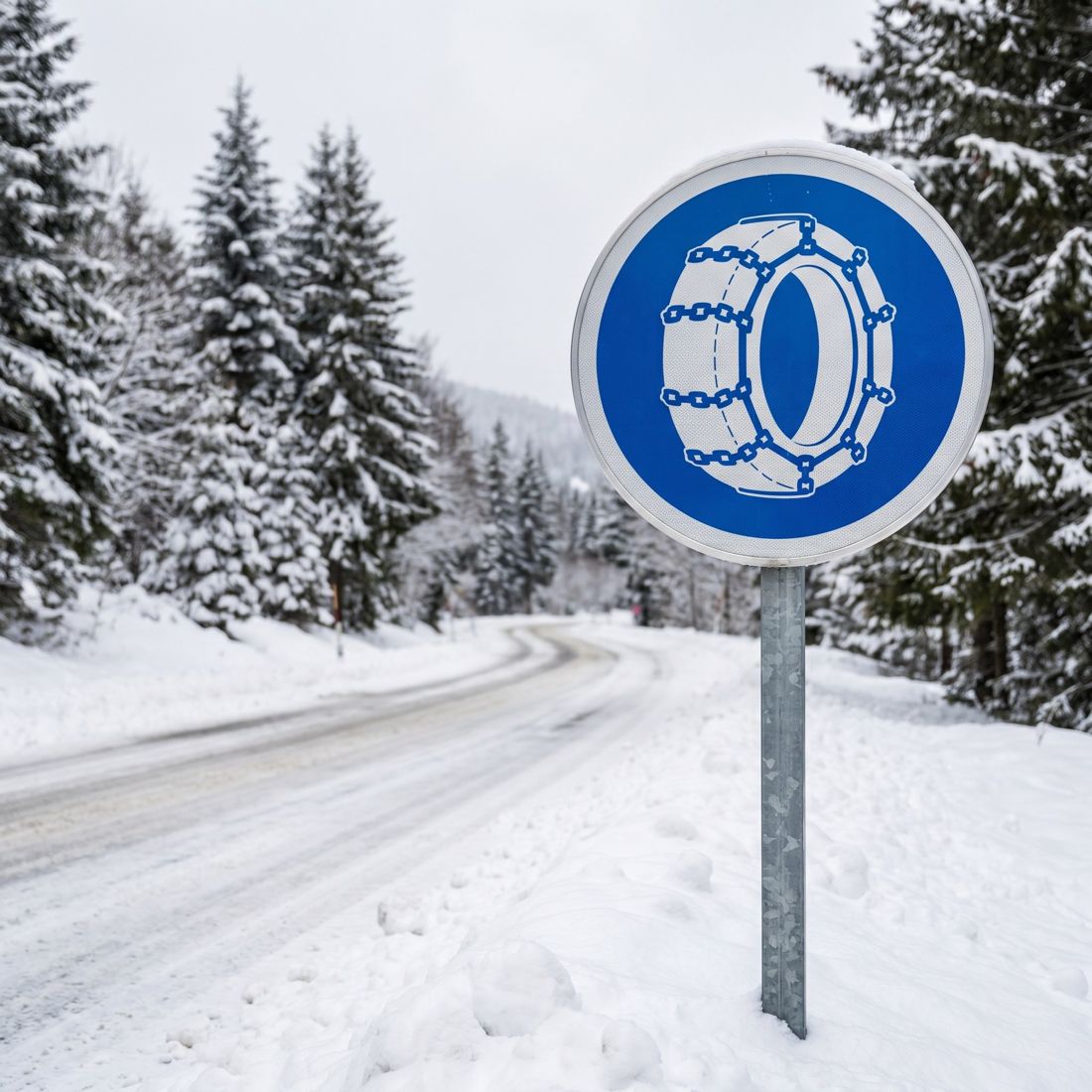 Panneau B26 — Obligation d'utiliser des chaînes à neige — mise en situation sur voirie
