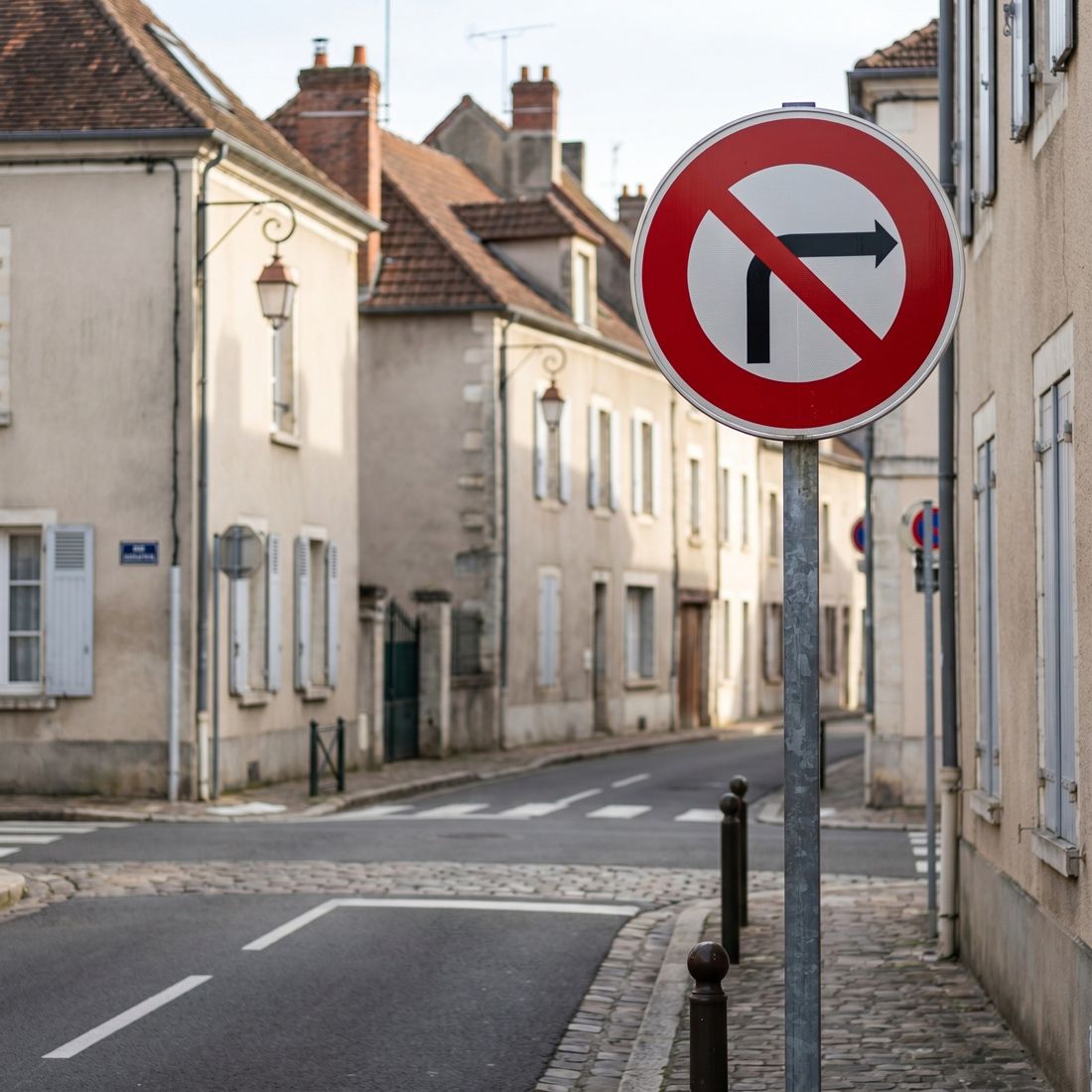 Panneau B2B — Interdiction de tourner à gauche à la prochaine intersection — mise en situation sur voirie