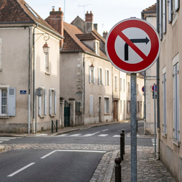 Panneau B2B — Interdiction de tourner à gauche à la prochaine intersection — mise en situation sur voirie
