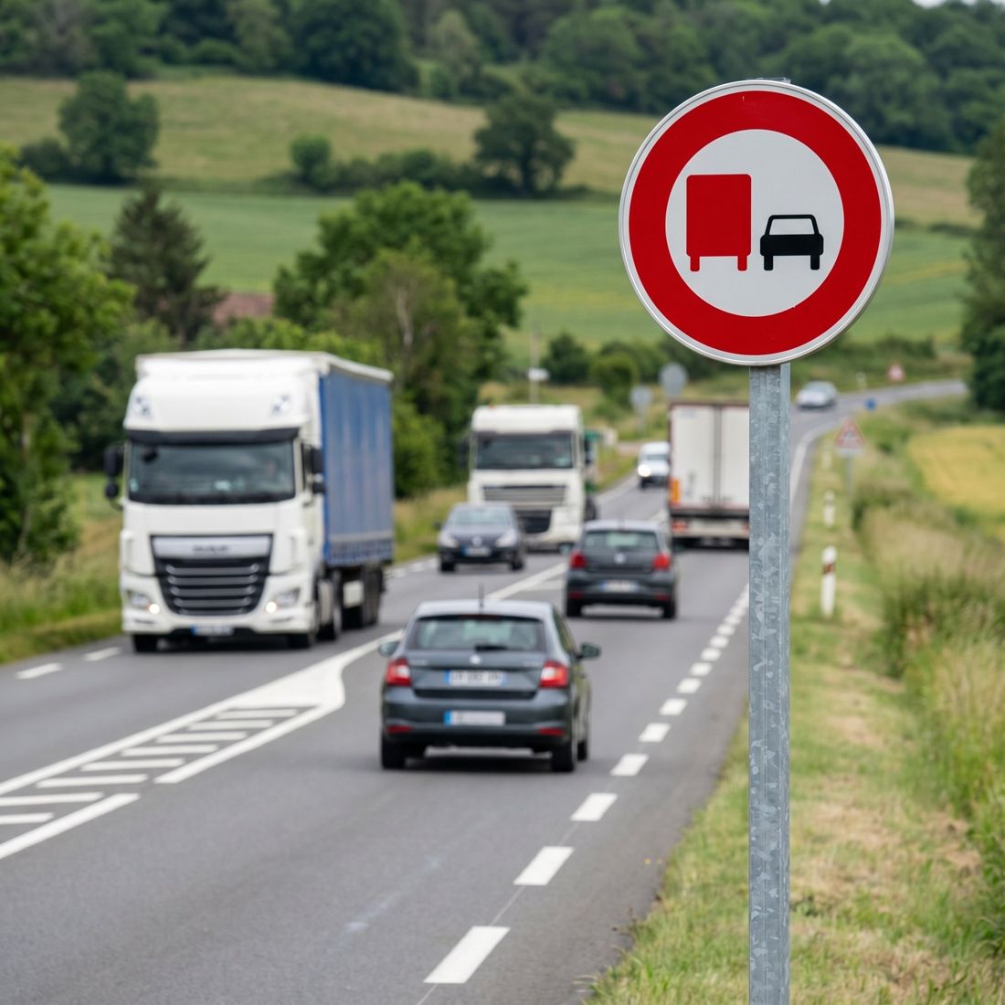 Panneau B3A — Interdiction de dépasser pour les véhicules de transport de marchandises de plus de 3,5 t — mise en situation sur voirie
