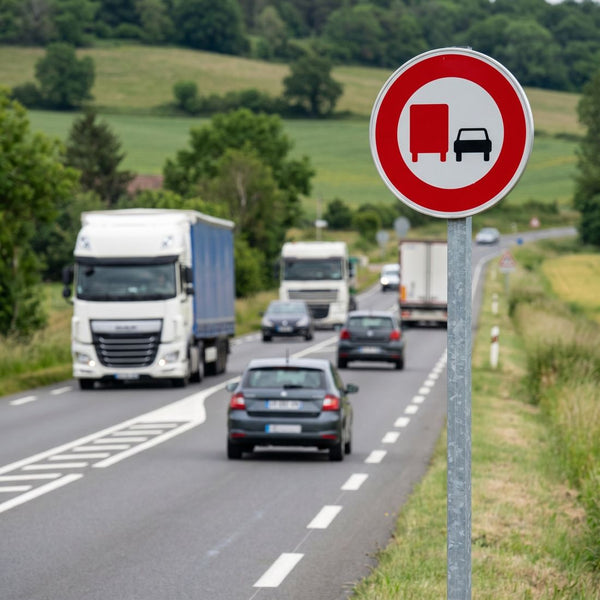 Panneau B3A — Interdiction de dépasser pour les véhicules de transport de marchandises de plus de 3,5 t — mise en situation sur voirie