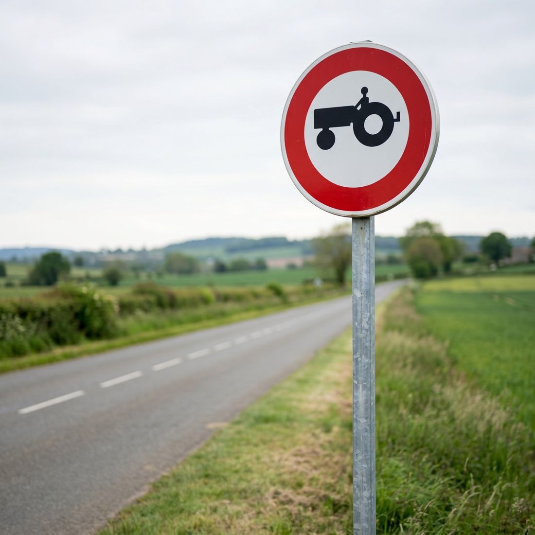 Panneau B9D — Accès interdit aux véhicules agricoles à moteur — mise en situation sur voirie