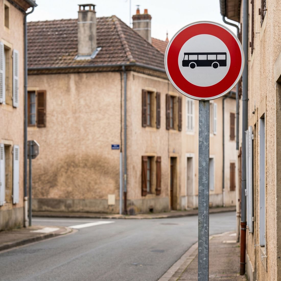 Panneau B9F — Accès interdit aux véhicules de transport en commun — mise en situation sur voirie