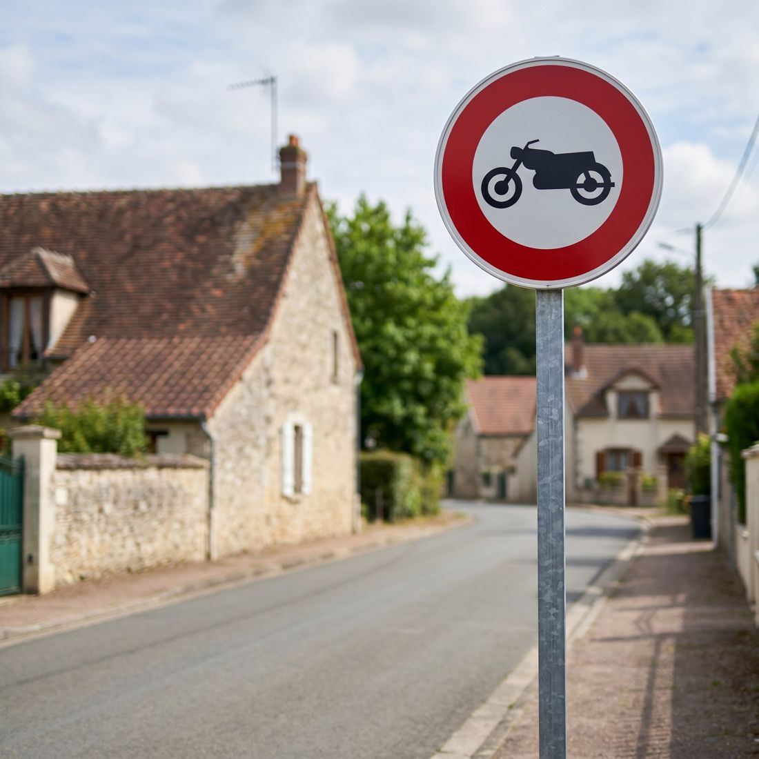 Panneau B9H — Accès interdit aux motocyclettes — mise en situation sur voirie