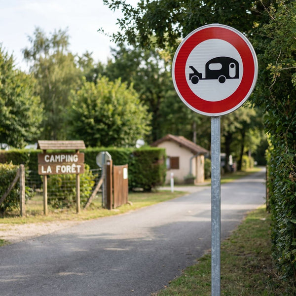 Panneau B9I — Accès interdit aux véhicules tractant une caravane ou une remorque de plus de 250 kg — mise en situation sur voirie