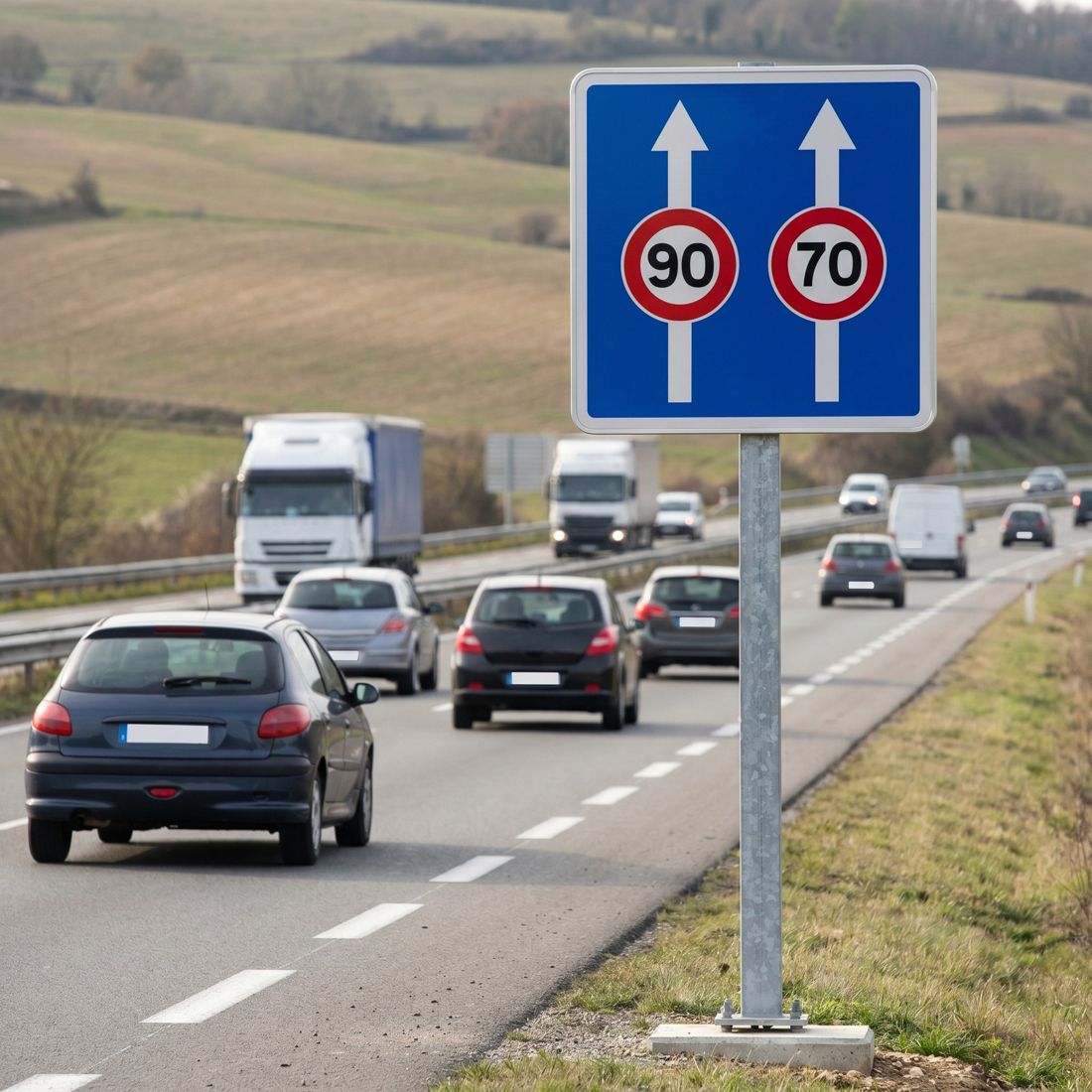 Panneau C24A-EX2 — Affectation de voies (exemple 2) — mise en situation sur voirie